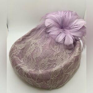 Vintage Lilac Lace Hat with Feather Accent